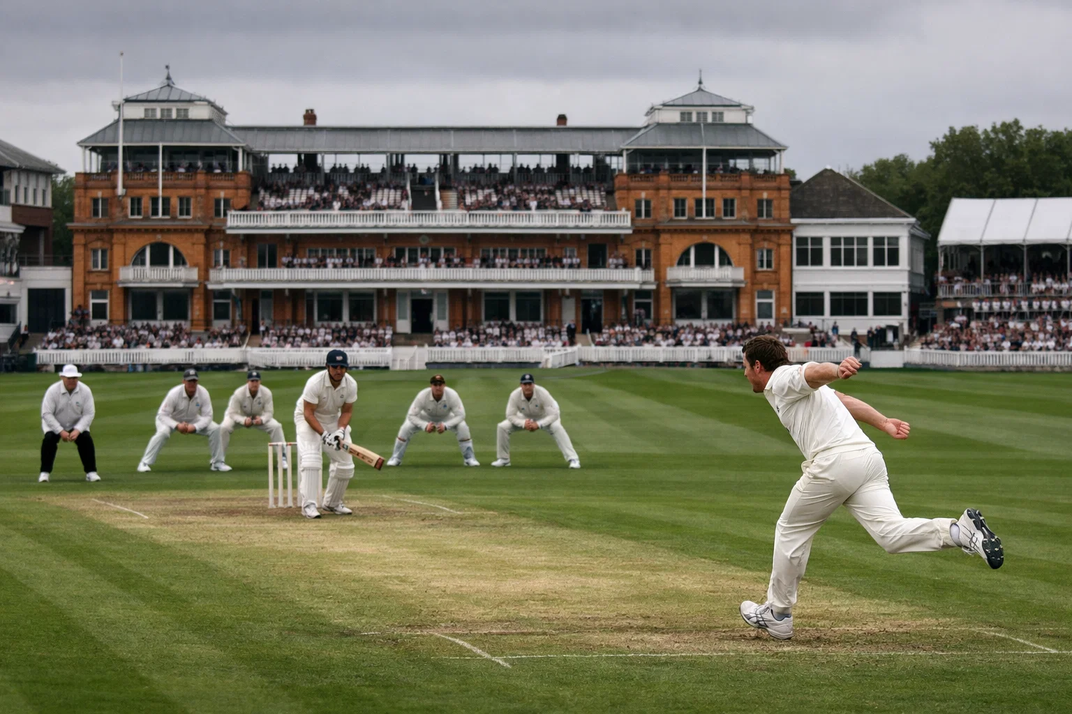 Fast bowler delivering a ball on a green-topped pitch during an Ashes Test match in England