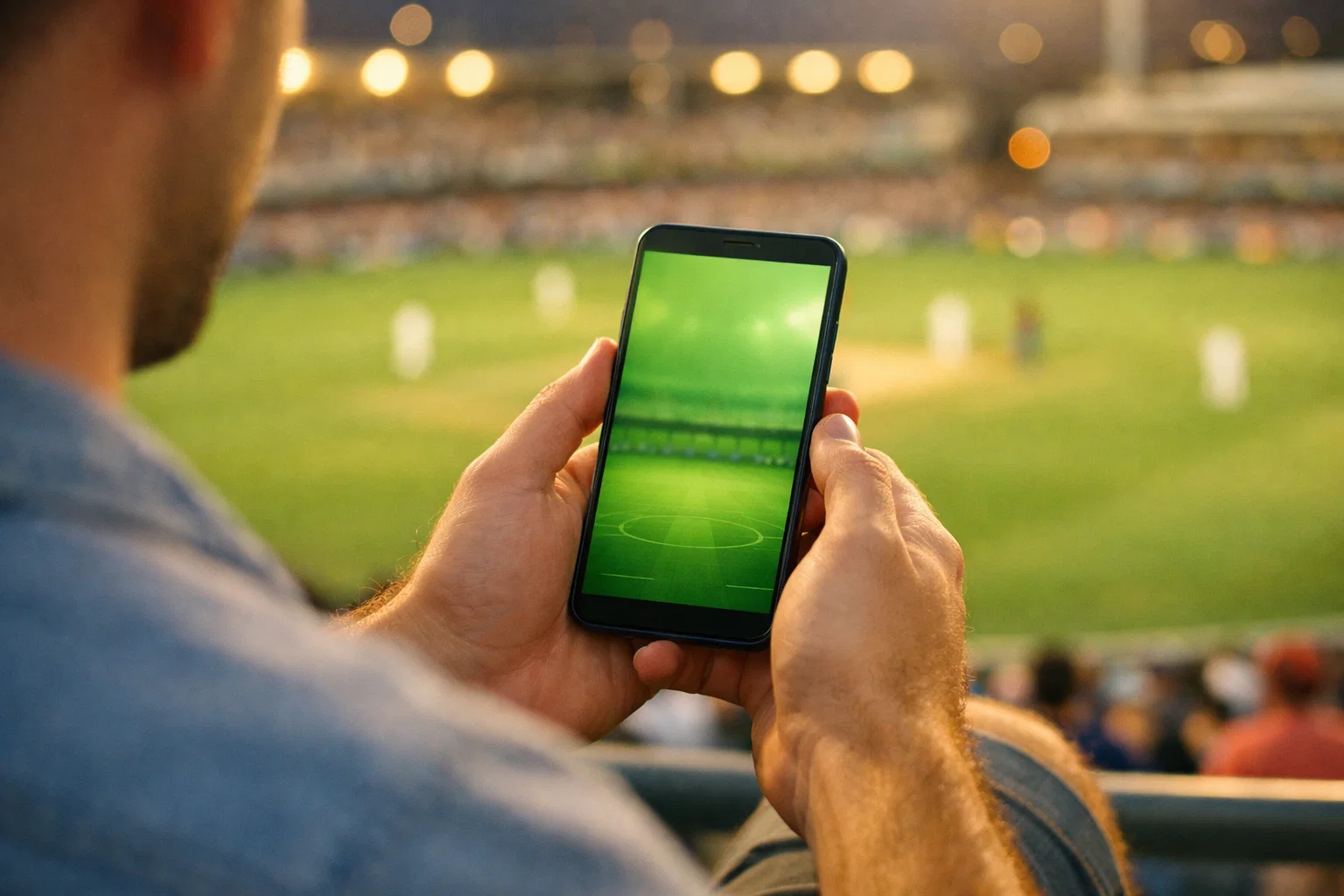 Person holding a smartphone while watching a live cricket match in a stadium