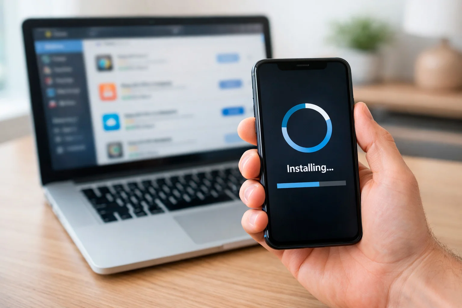 Hand holding smartphone in front of laptop showing app store
