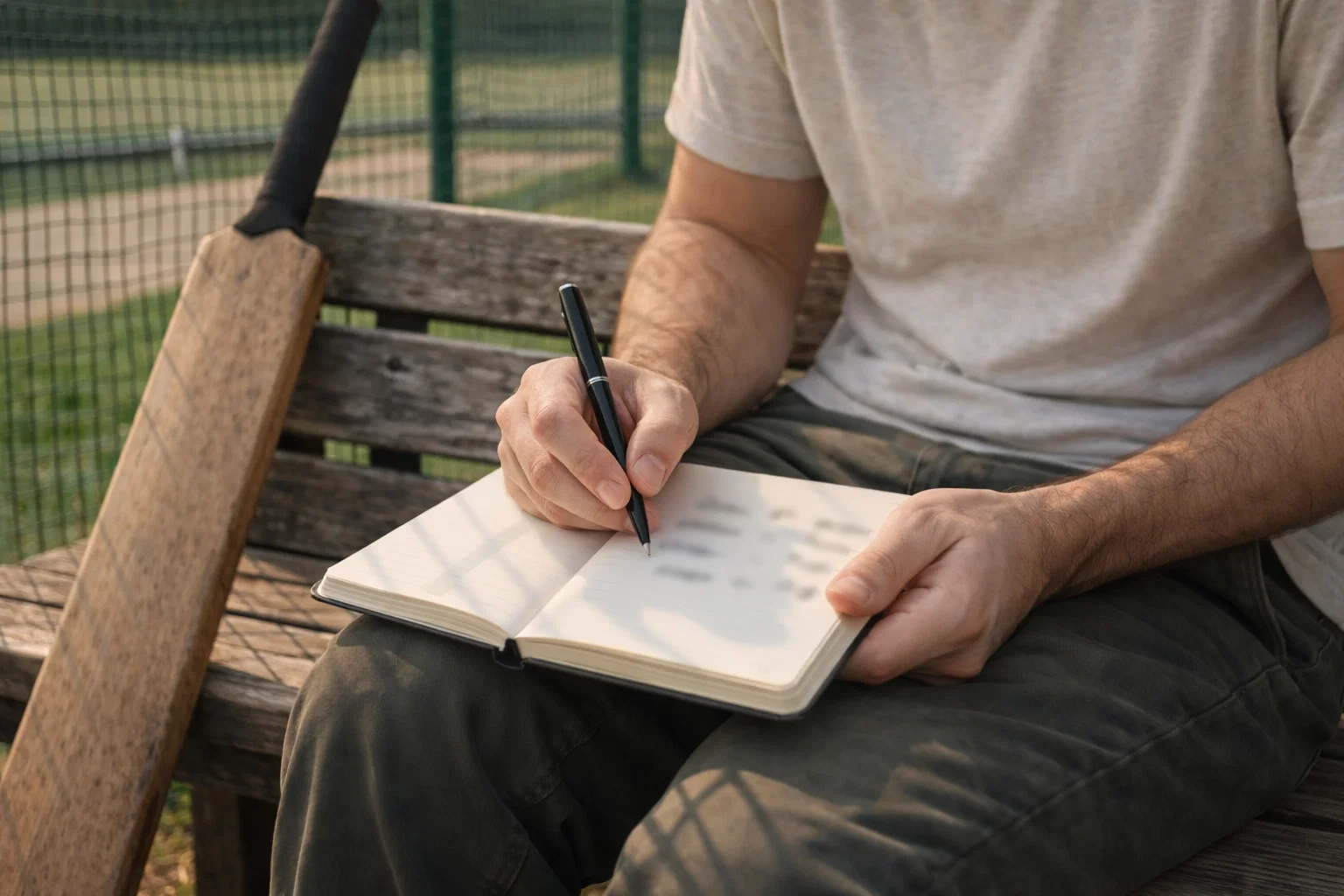 A person writing a staking plan in a notebook beside a cricket bat resting against a wooden bench