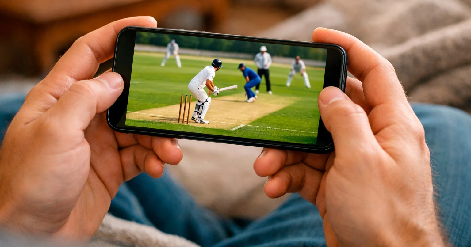 Person using smartphone with cricket match visible on screen