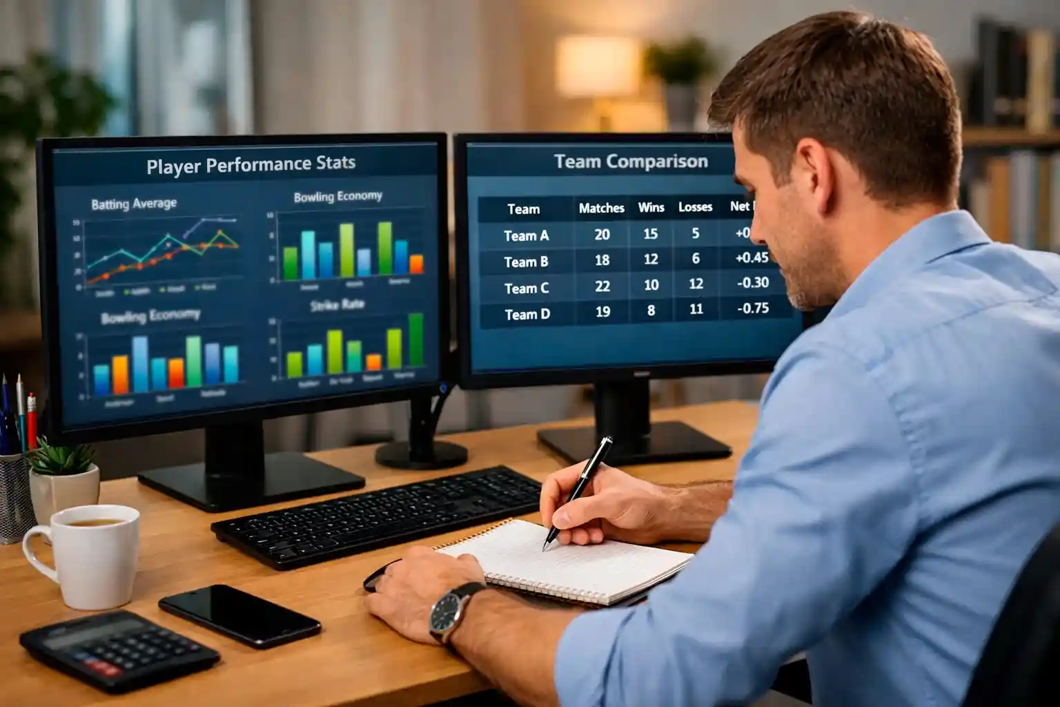 Professional analyst reviewing cricket statistics and sportsbook data on multiple screens