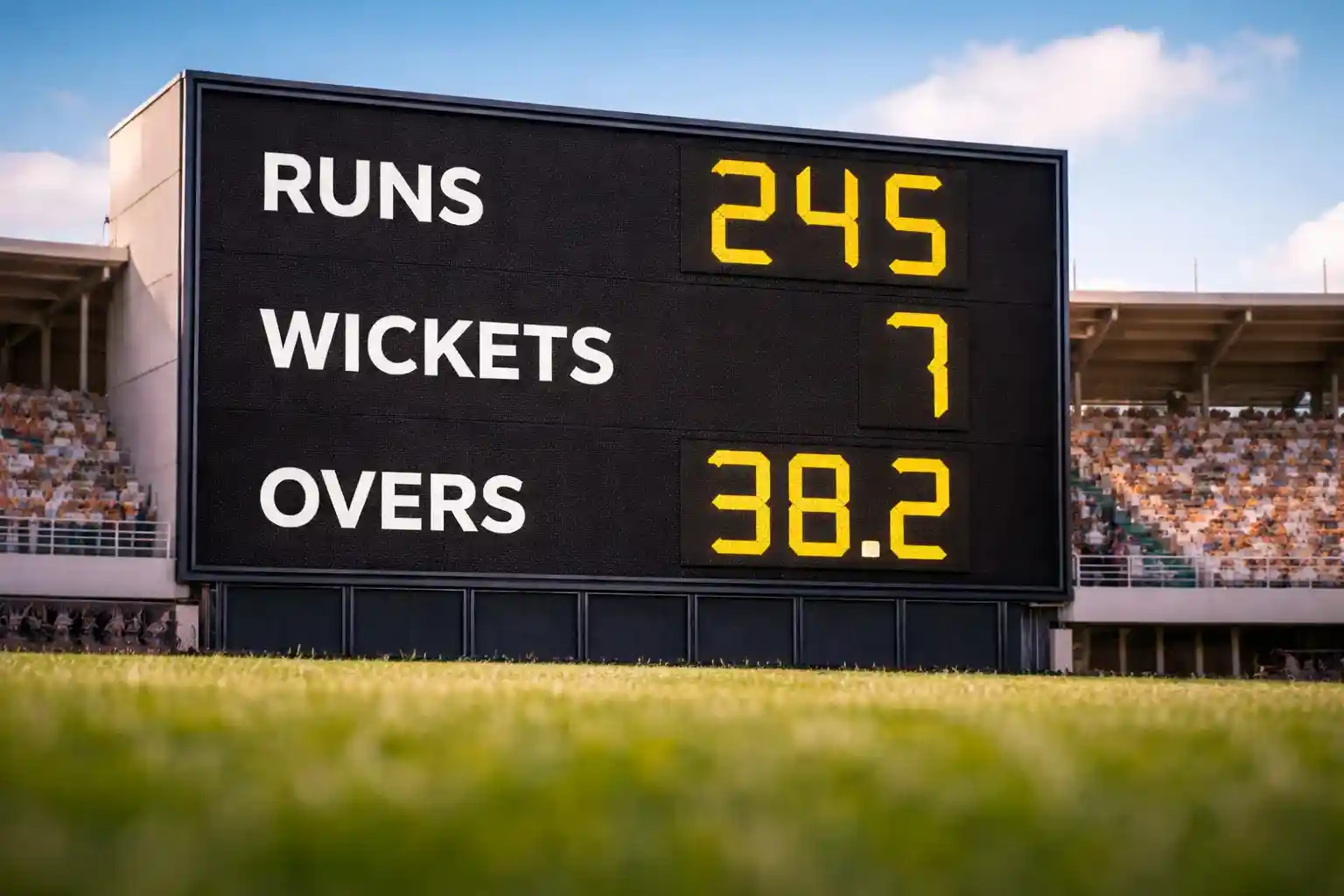 Cricket scoreboard showing match statistics with betting slip in foreground