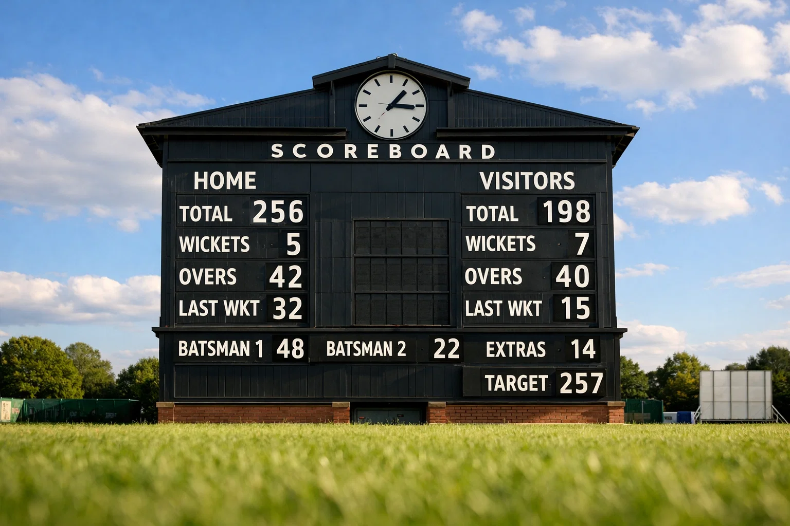 Cricket scoreboard displaying match odds at a sunlit cricket ground