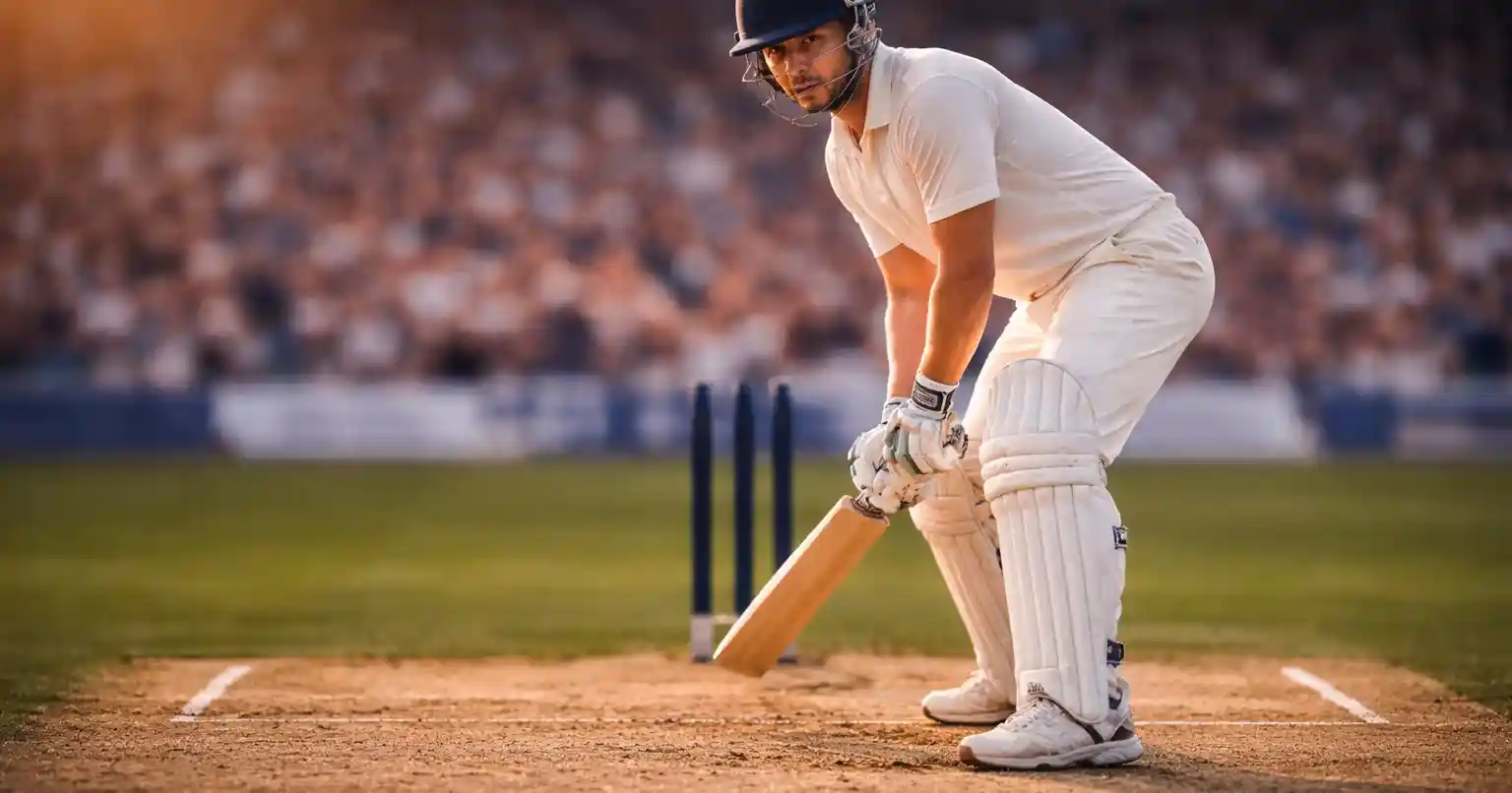 Cricket batsman in focused stance preparing to face delivery