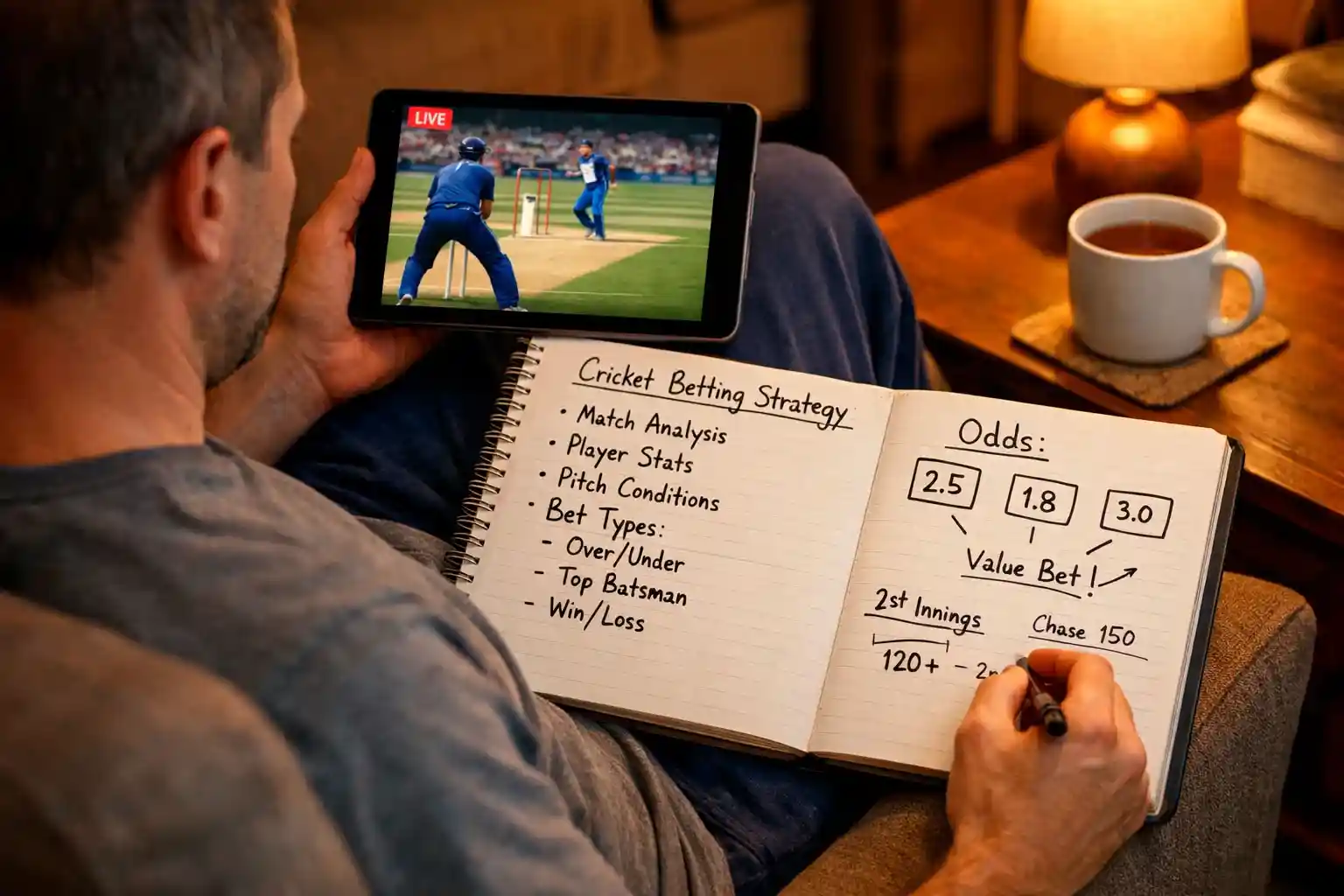 Cricket fan watching live match on tablet while taking notes in a notebook