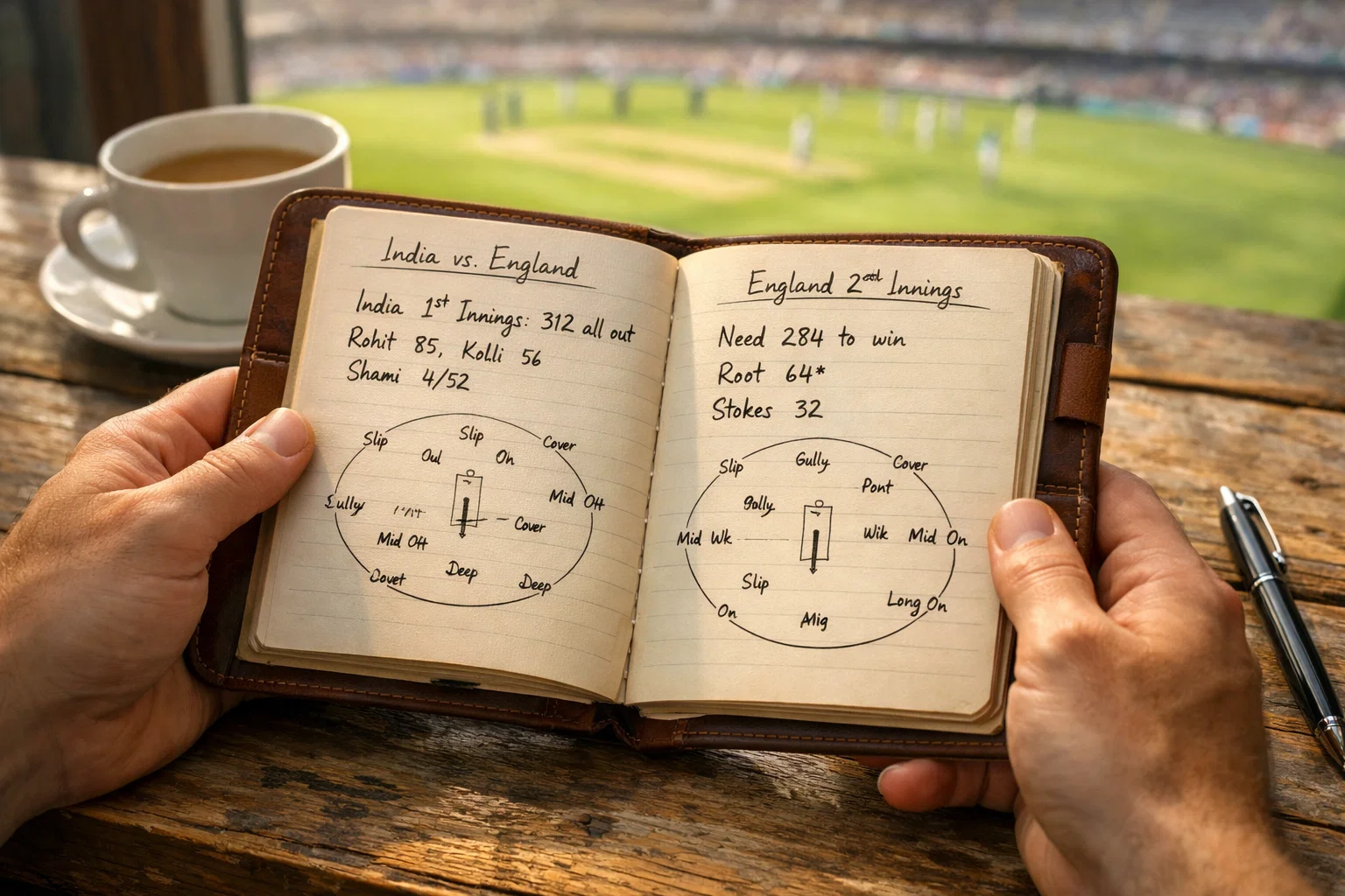 Cricket analyst reviewing match notes in a notebook with a sunlit cricket stadium in the background