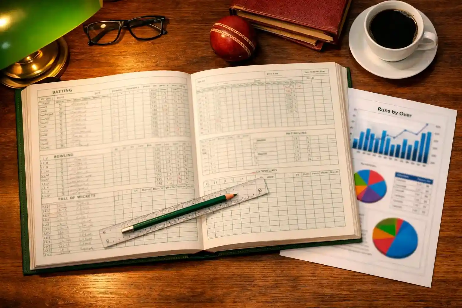 Cricket scorebook and statistical charts on desk workspace