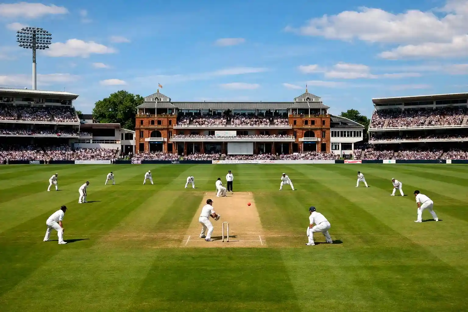 Test cricket match scene with players in white uniforms