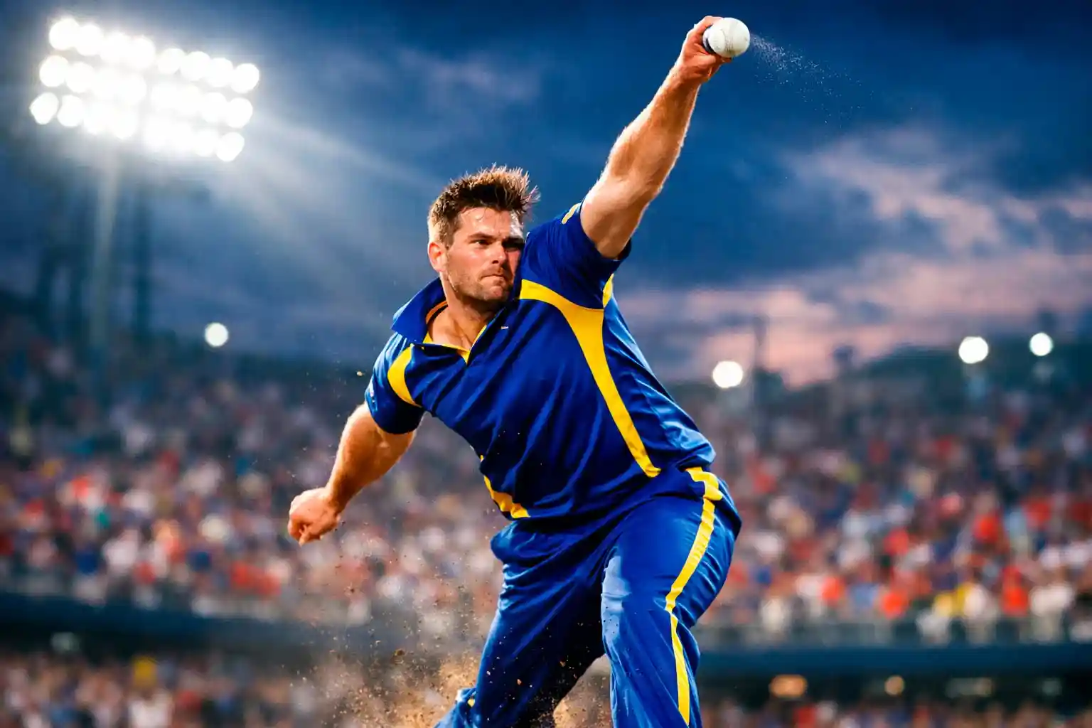 Cricket bowler in action during T20 match under floodlights