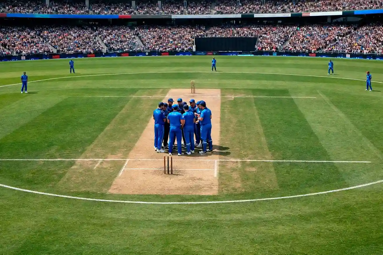 Cricket pitch with players during strategic timeout