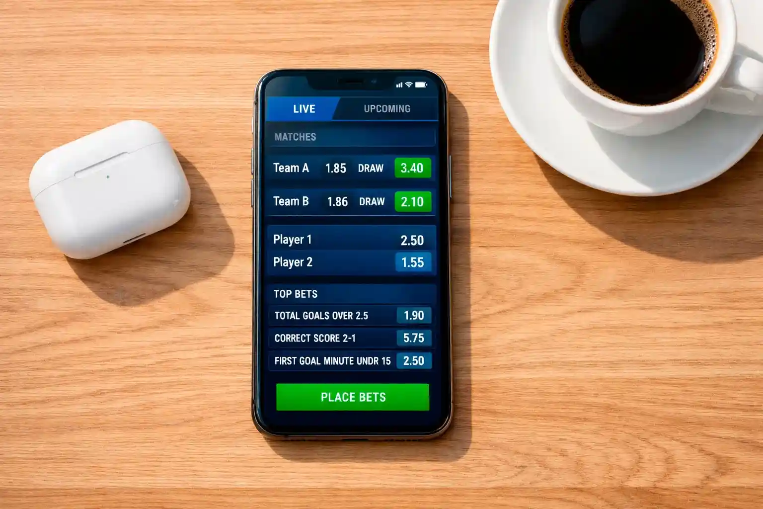 Modern smartphone displaying sports betting interface on wooden desk