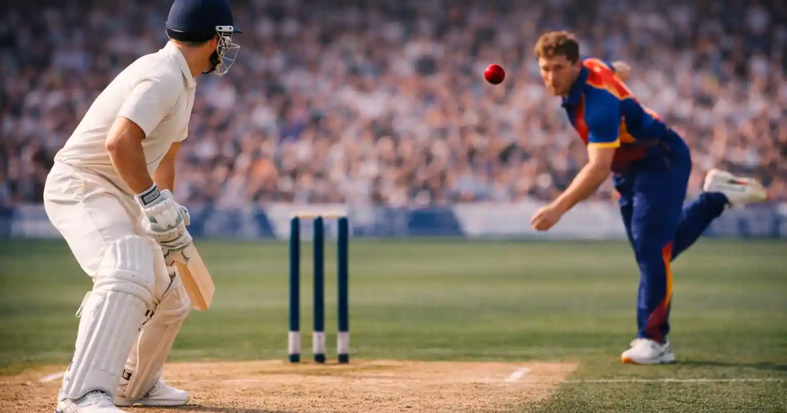 Cricket match action with batsman and bowler on pitch