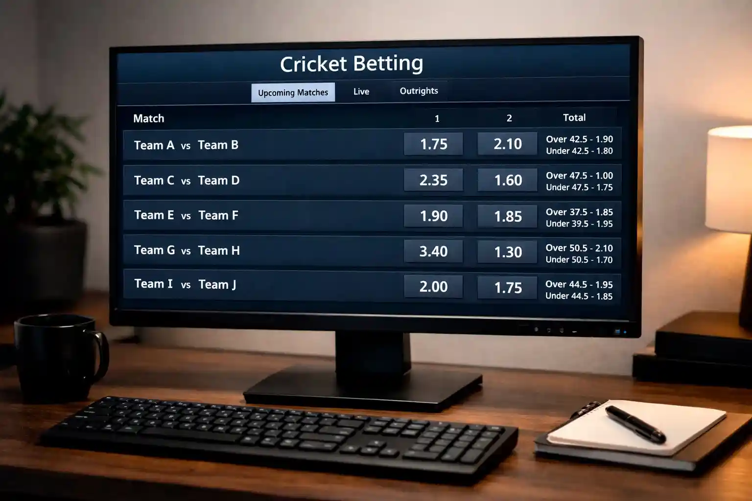 Sports betting screen displaying cricket match odds
