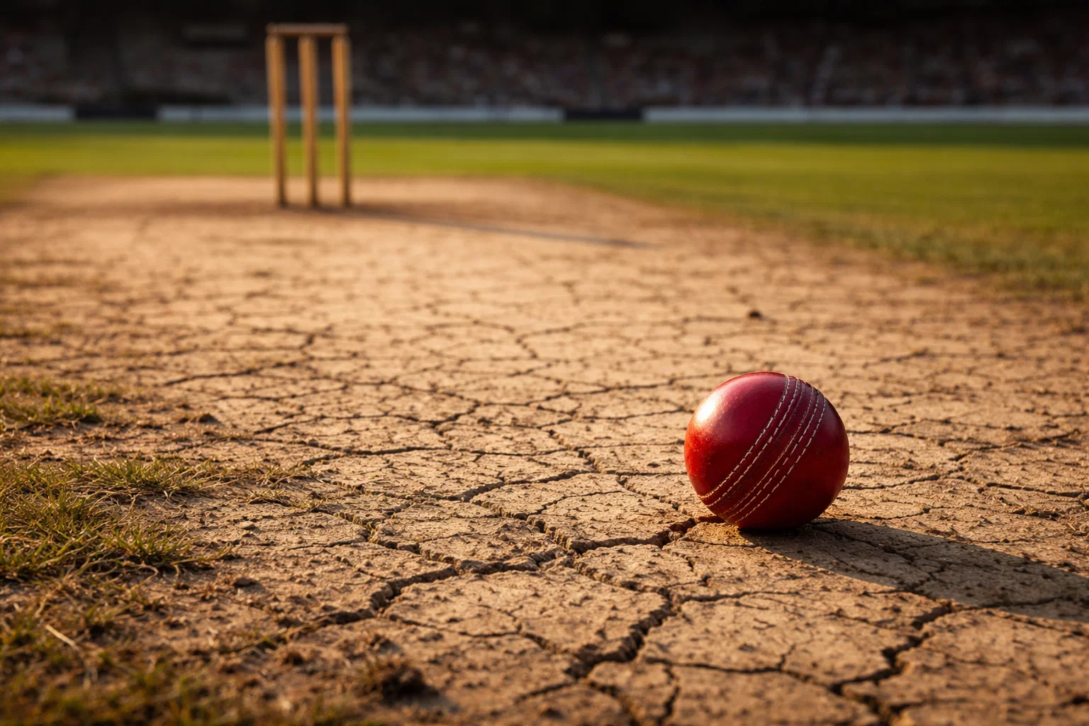 Close-up of a dry cracked cricket pitch with stumps and a red ball in soft afternoon light