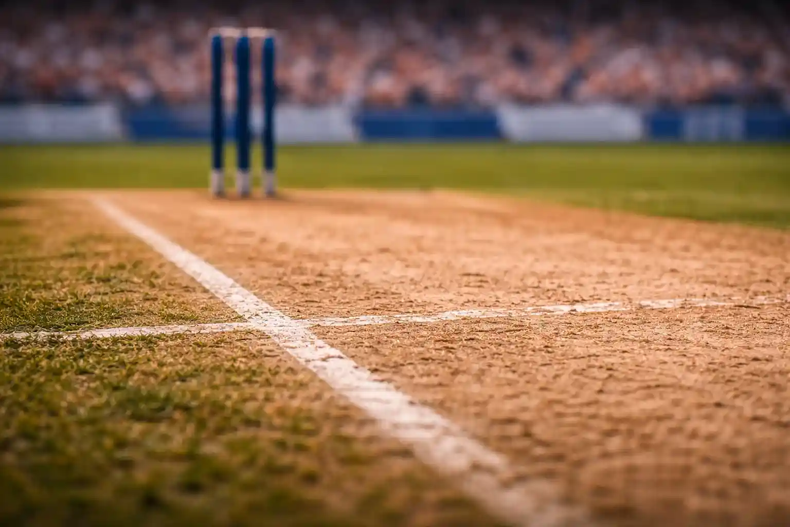 Close-up view of cricket pitch surface showing grass and crease