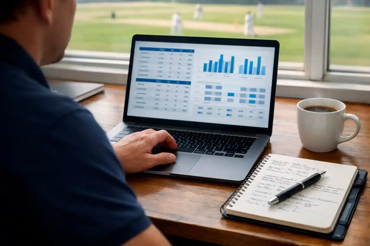 Person studying cricket statistics on laptop with notebook