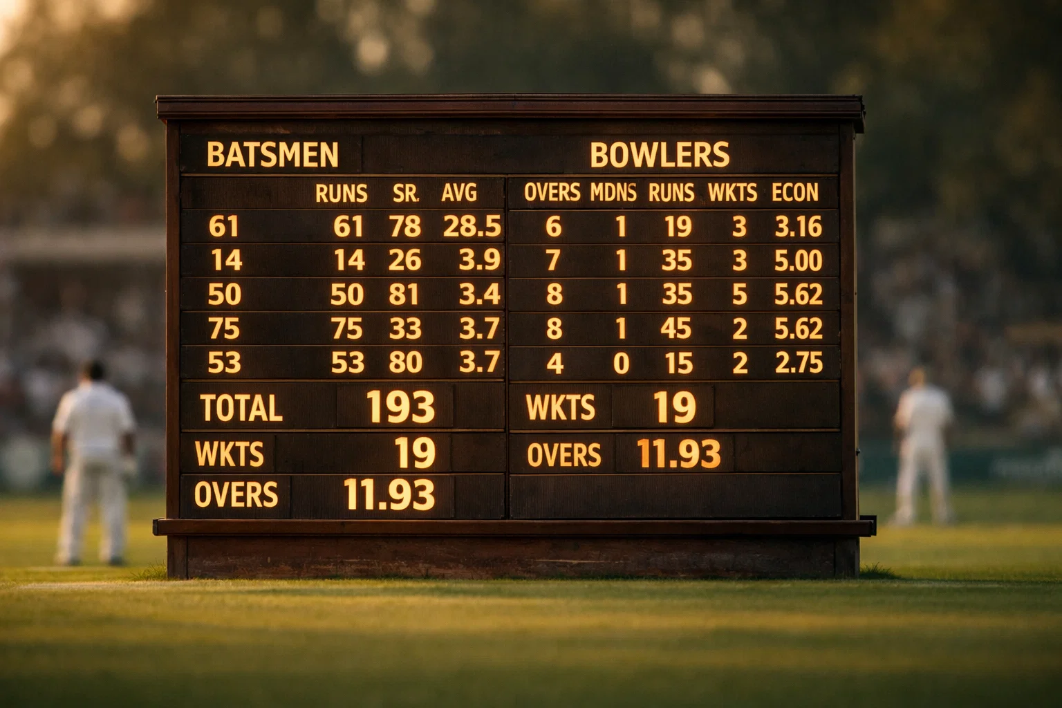 Cricket scoreboard with batting and bowling statistics displayed at a cricket ground