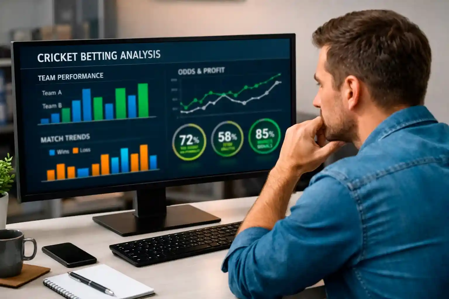 Professional analyzing sports data charts on computer monitor