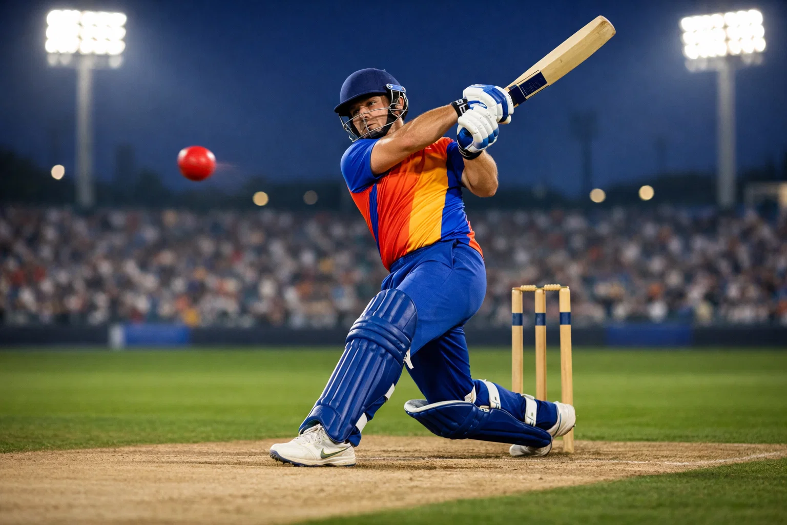 Cricket batsman playing a shot under stadium floodlights during an evening T20 match
