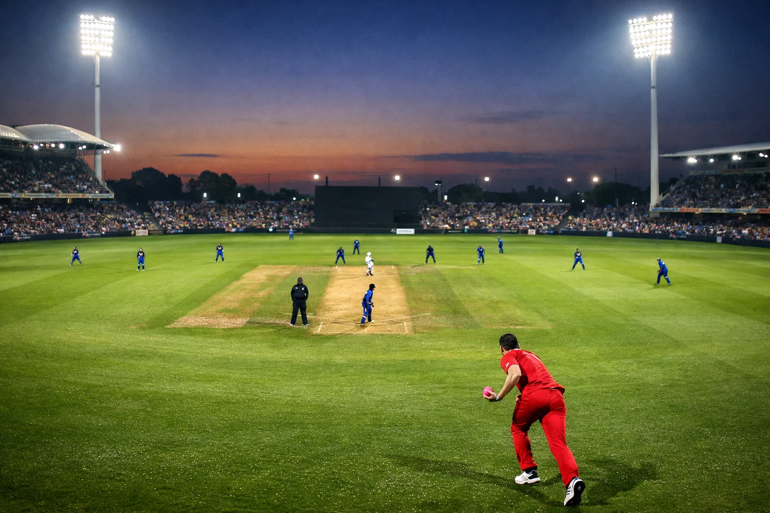 Two cricket teams on the field during a day-night match with floodlights illuminating the green pitch