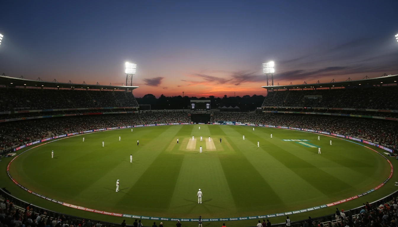 Cricket batsman in action during a professional match under stadium lights