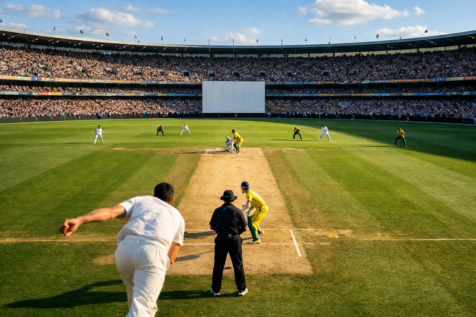 Packed cricket stadium during an ICC World Cup ODI match with players on a sunlit outfield