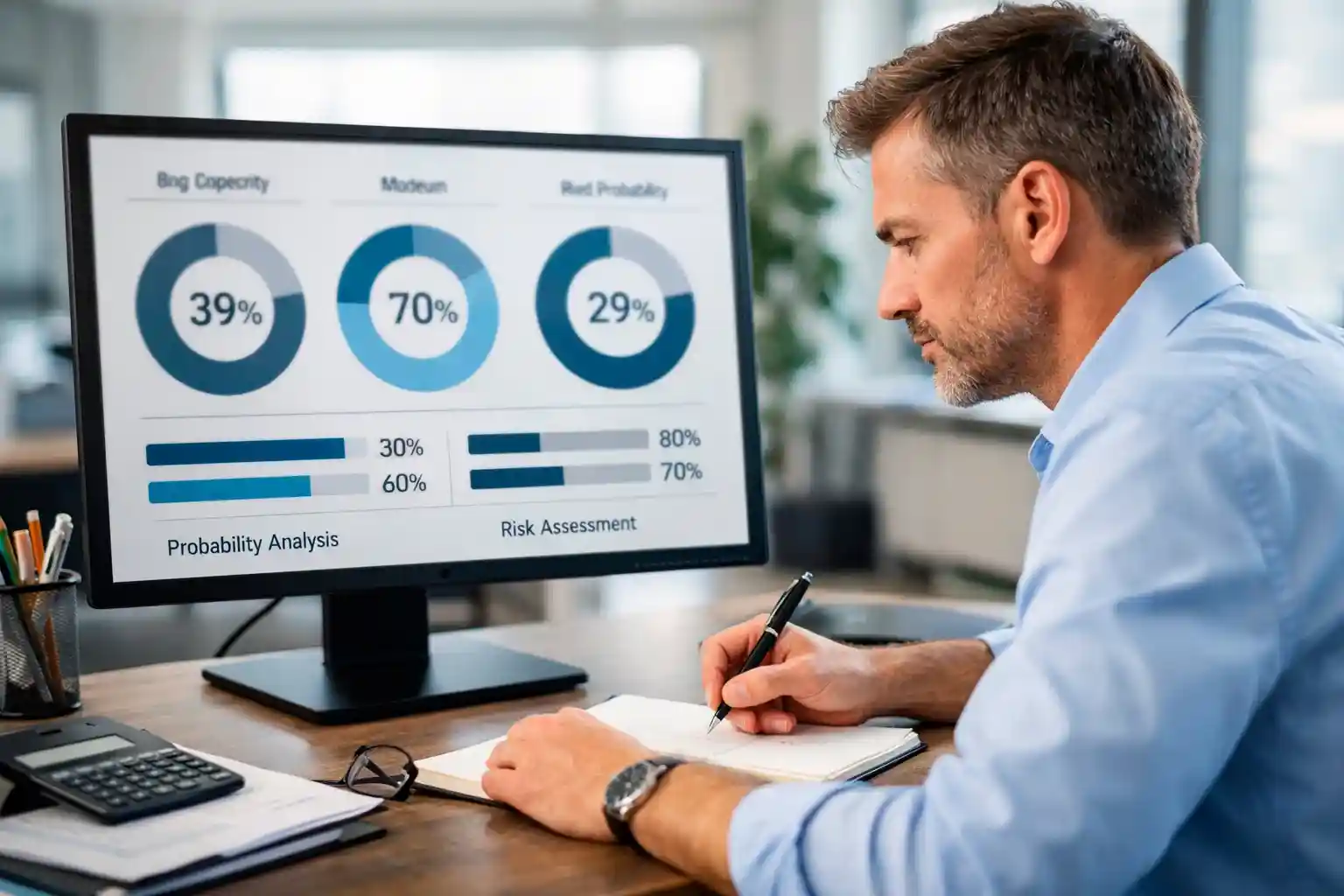 Analyst working with charts and percentage calculations