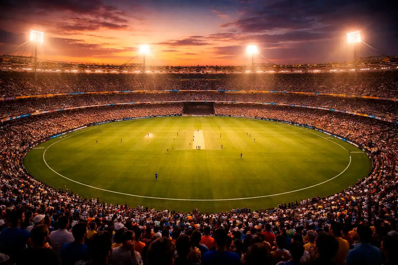Cricket stadium during IPL match with vibrant evening atmosphere