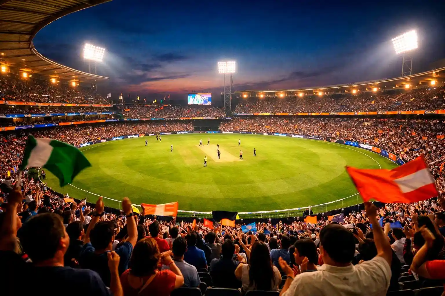 Packed cricket stadium during Indian Premier League match with colorful team flags