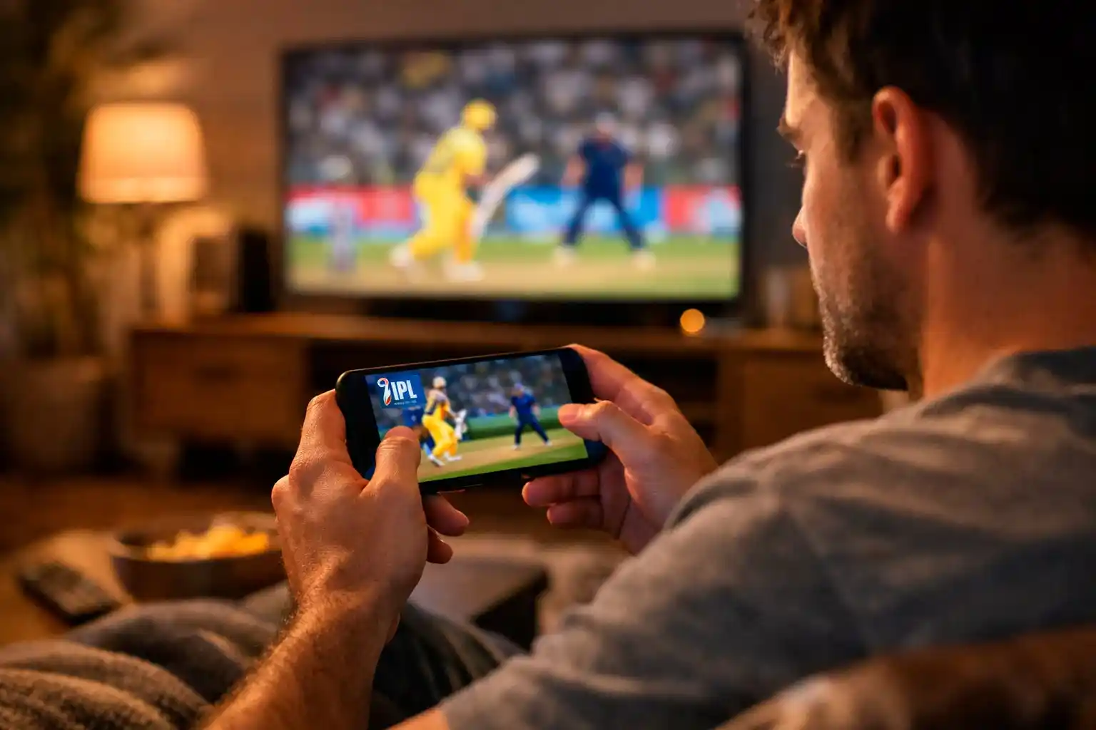 Fan watching live cricket match on mobile phone