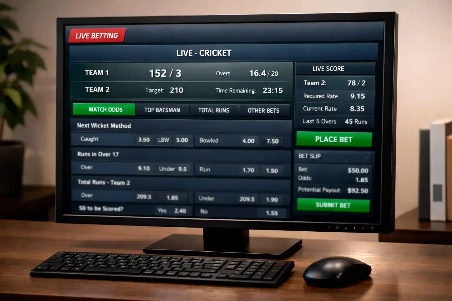 Sports betting interface showing cricket odds on screen