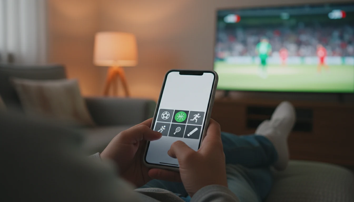 Hand holding smartphone with sports betting app at stadium