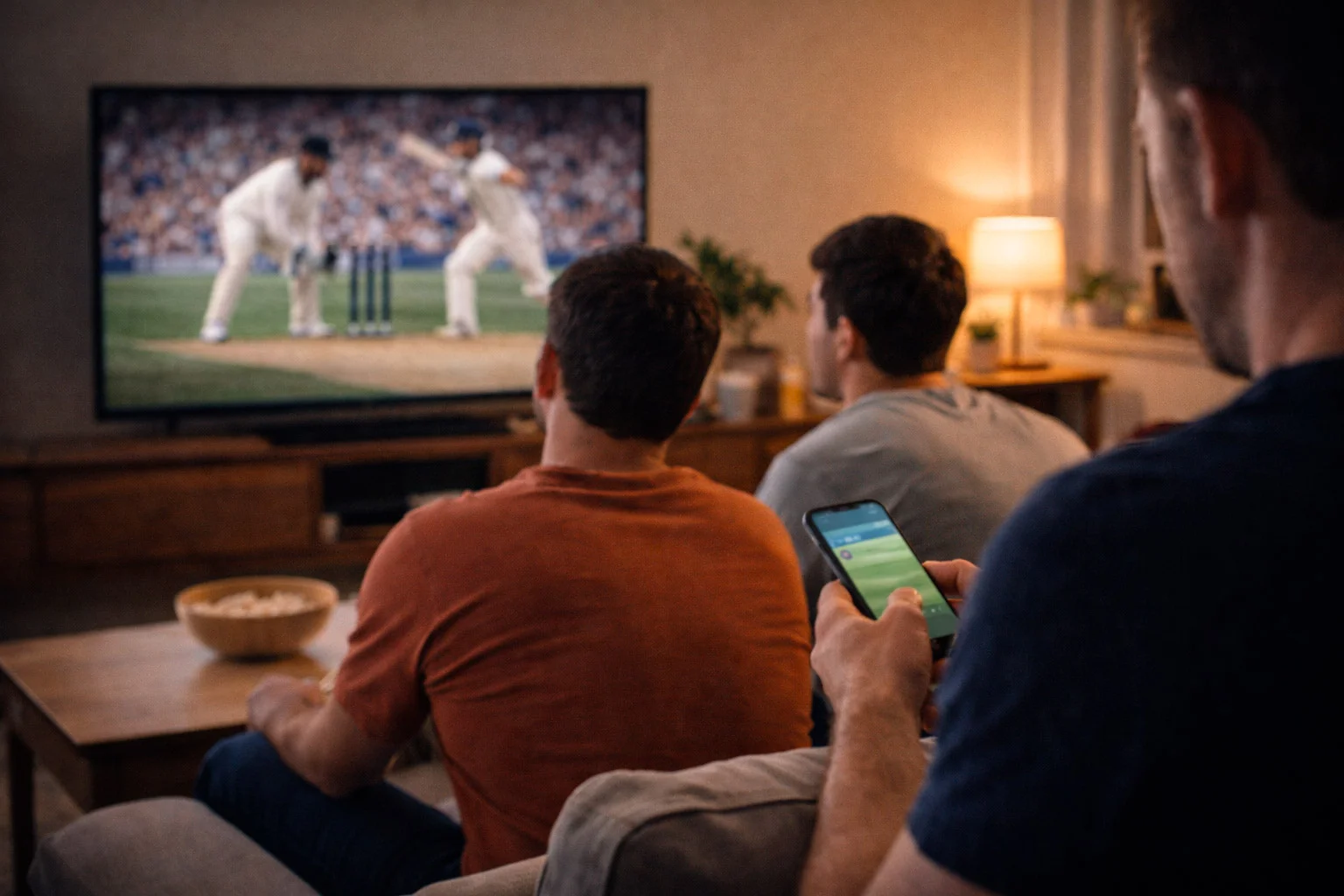Group of friends watching cricket match while using smartphones