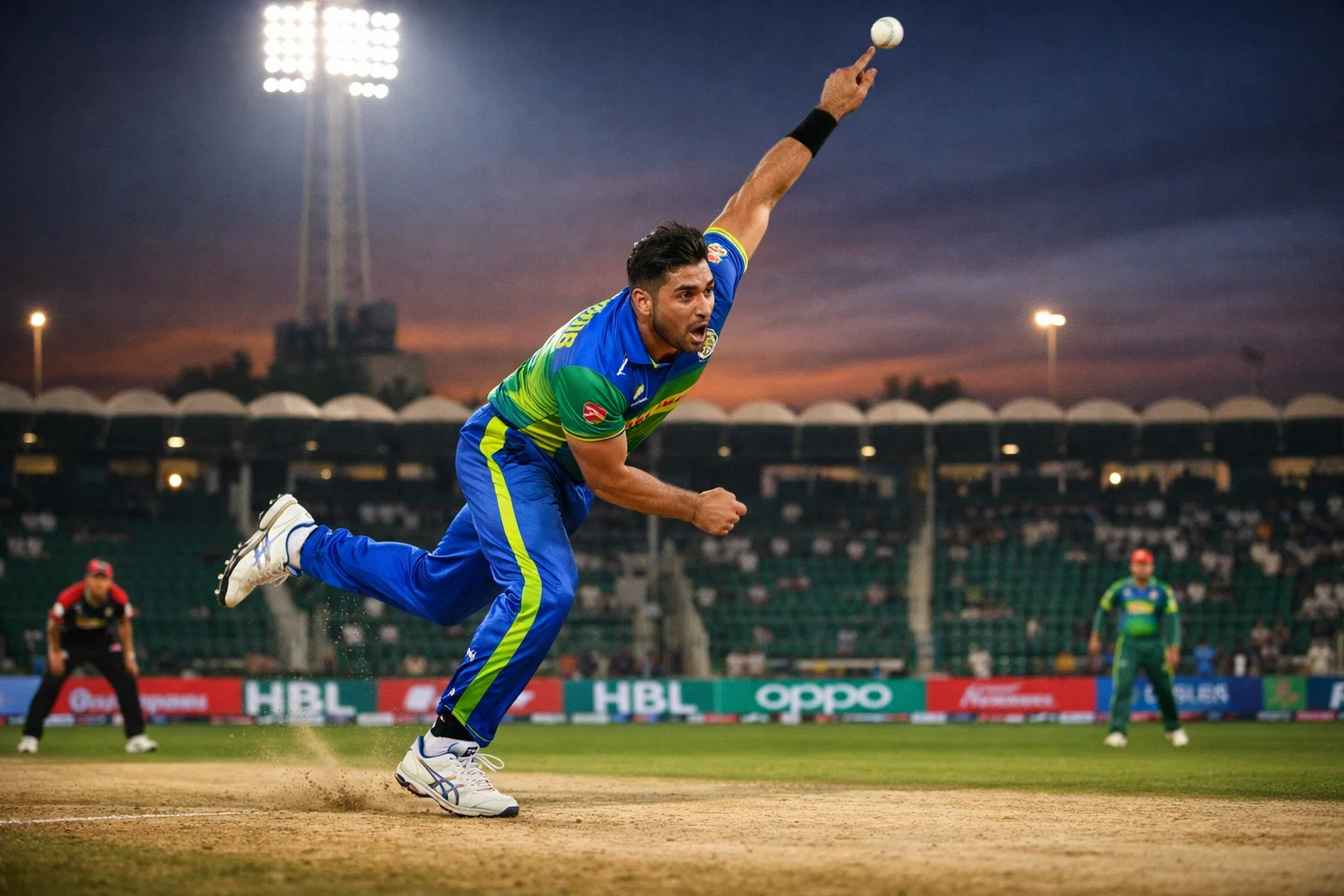 Pakistan Super League fast bowler delivering at pace under stadium lights