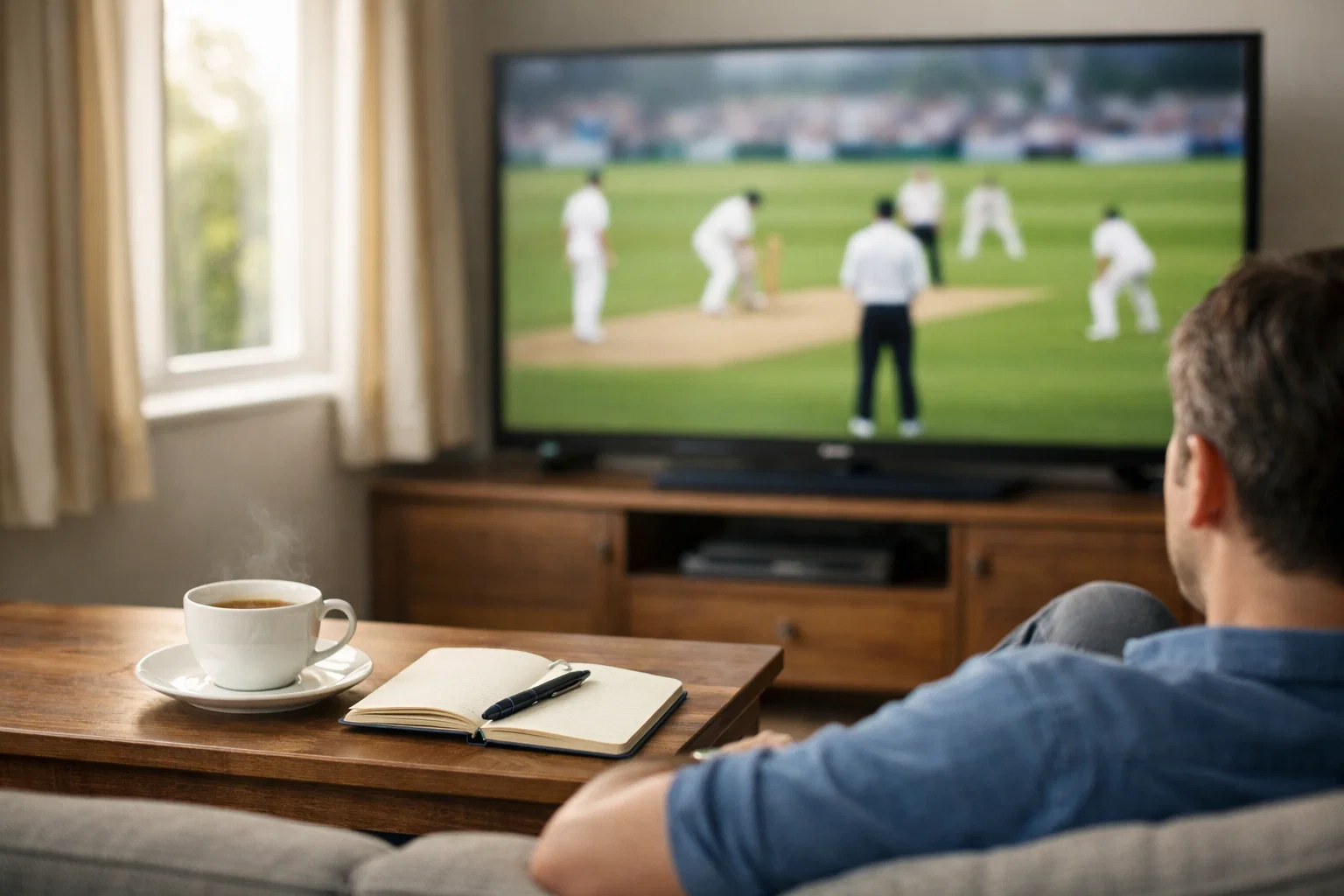 Person calmly watching a cricket match on television from a living room sofa