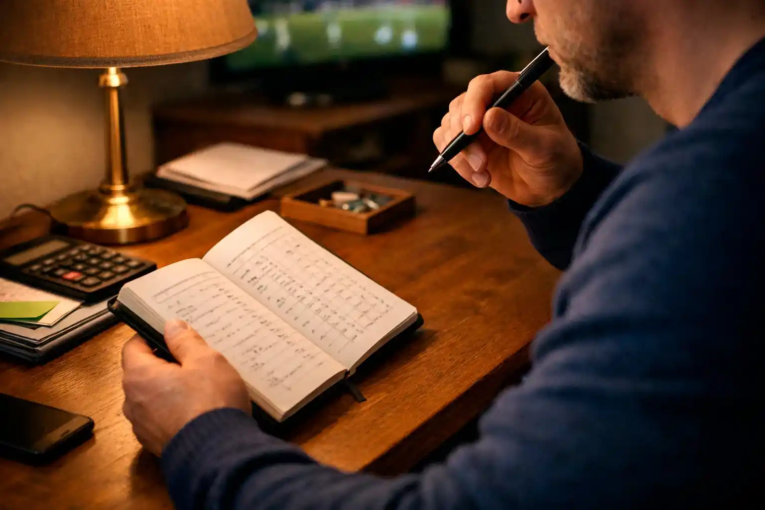 Person reviewing betting history in notebook at desk