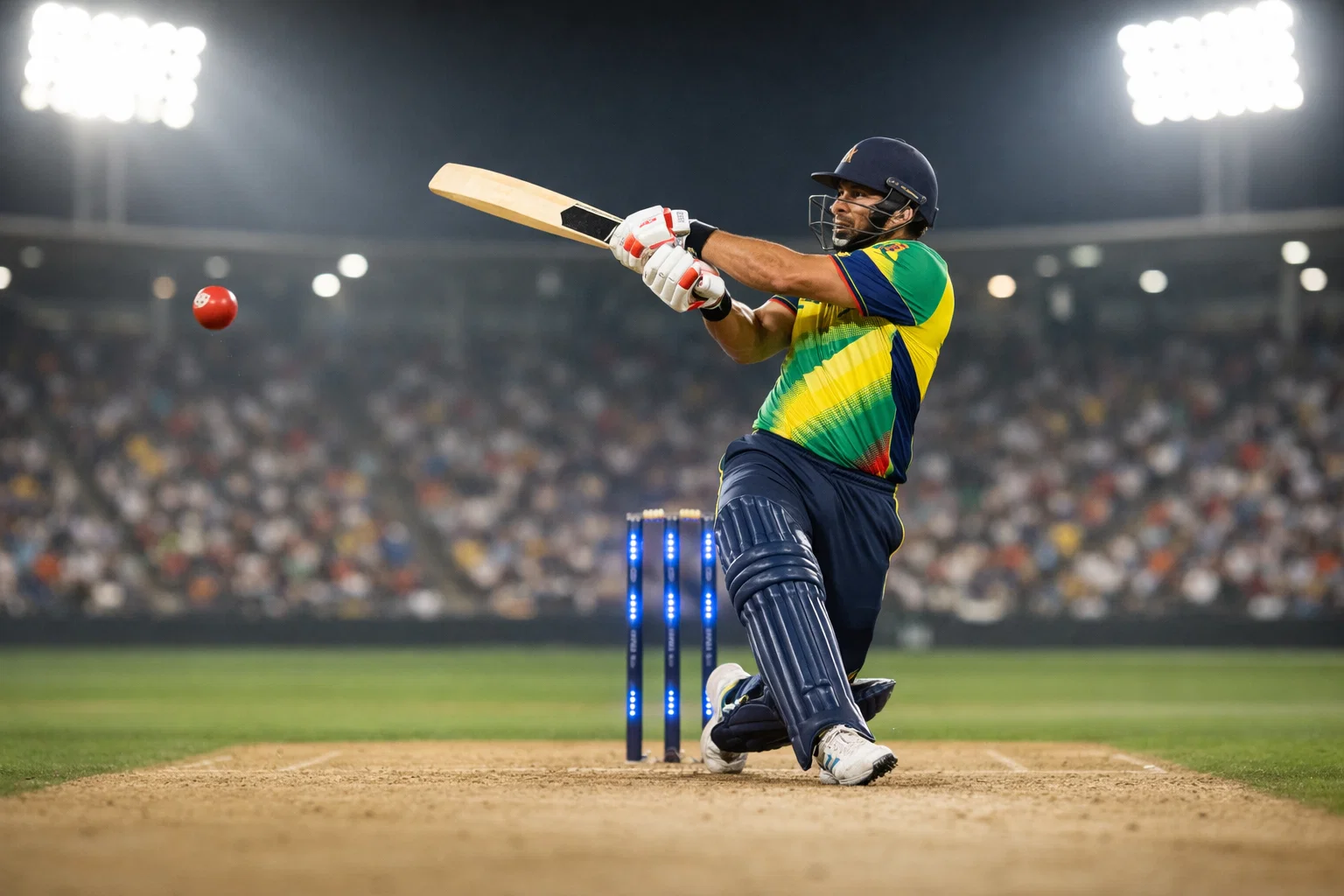 Cricket batsman in coloured kit playing a powerful shot under floodlights during a T20 World Cup night match
