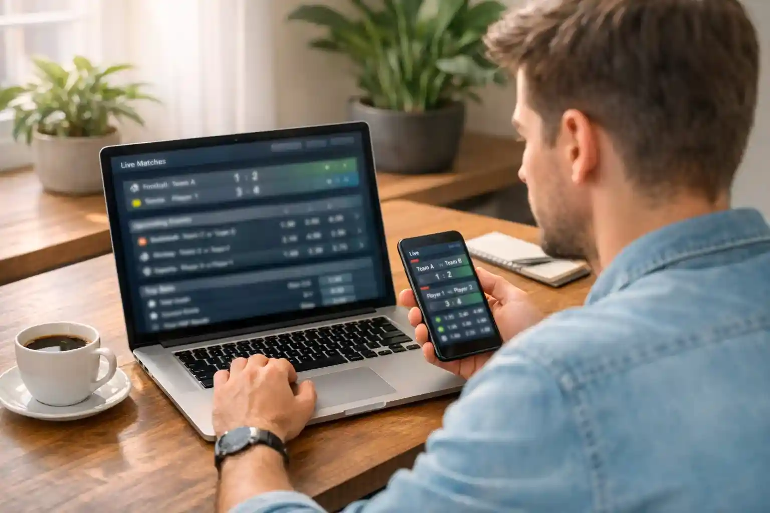 Person comparing cricket betting websites on laptop and smartphone