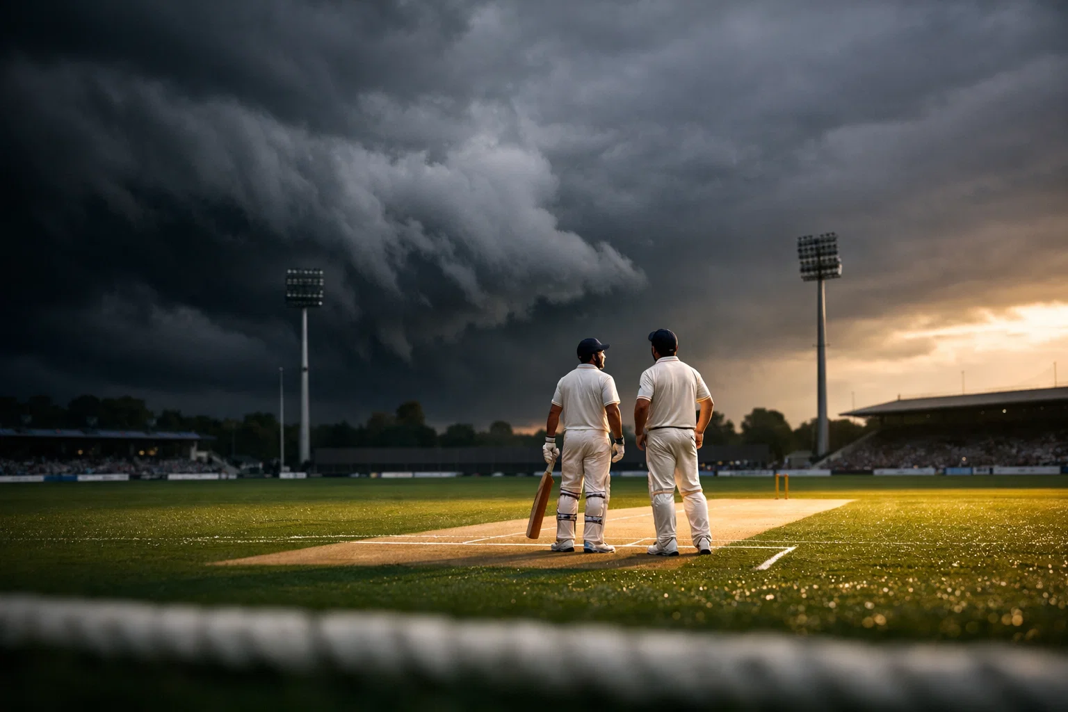 Dark storm clouds gathering over a cricket ground with players on the pitch under dramatic light