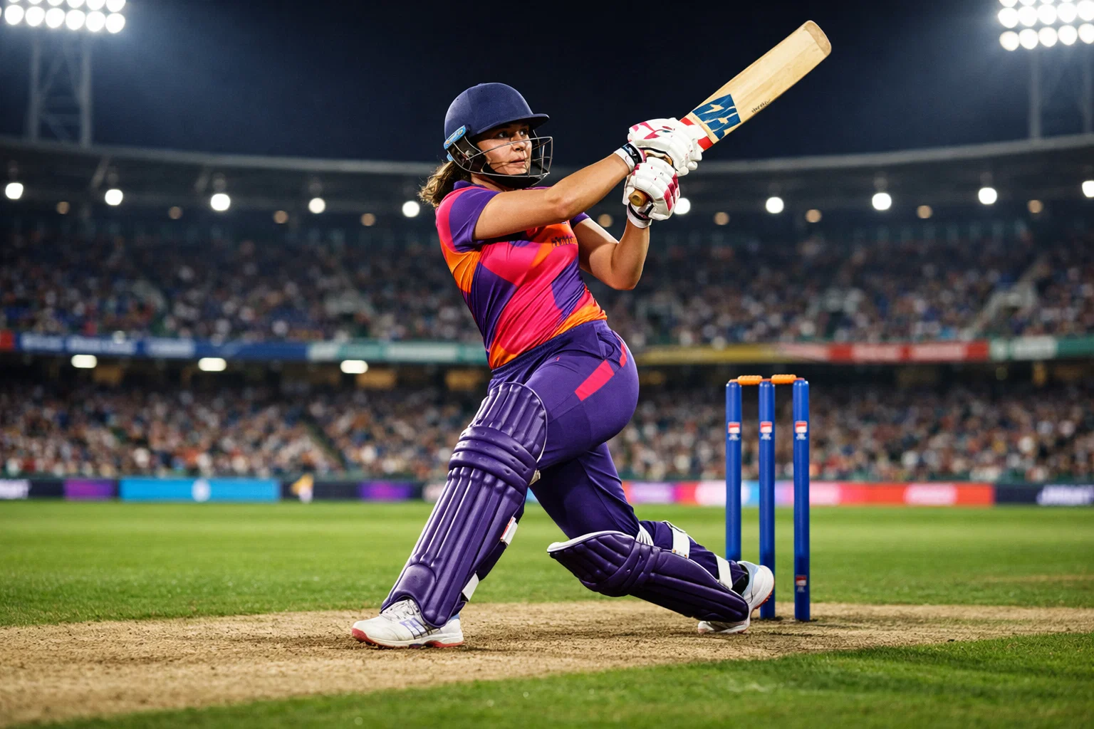 Women's cricket batter playing a powerful shot during a professional T20 match